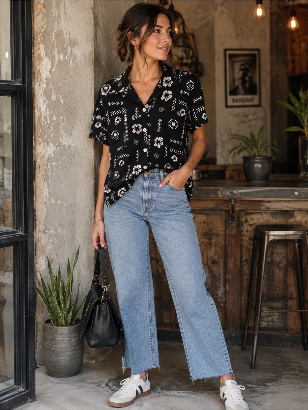 Black Floral Button-Down Short Sleeve Shirt